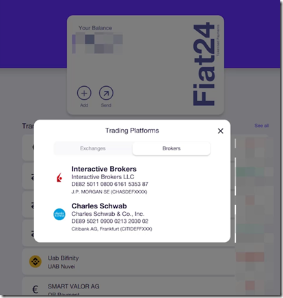Fiat24可以给嘉信证券和盈透证券入金！