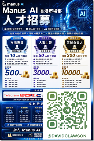 Manus AI 人才招募 TG號 手機掃碼添加TG @DavidClawson